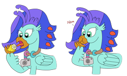 Size: 3069x1830 | Tagged: safe, artist:supahdonarudo, oc, oc only, oc:sea lilly, classical hippogriff, hippogriff, camera, eating, female, food, holding, jewelry, lemon, lemon meme, meme, necklace, no sell, nom, simple background, solo, tongue out, transparent background