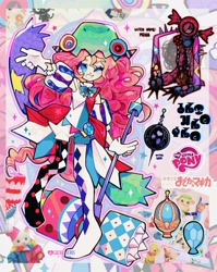 Size: 1627x2048 | Tagged: safe, artist:gochiitears, part of a set, pinkie pie, human, g4, abstract background, blue bow, blue eyes, blue eyeshadow, calico critters, cat plush, chococat, clothes, clown, collage, colored, colored eyebrows, colored eyelashes, crossover, curly hair, cutie mark on clothes, detailed, eyelashes, eyeshadow, female, gloves, hammer, harlequin, humanized, japanese, jester outfit, leggings, leotard, light skin, logo, long hair, magical girl, makeup, monster, my little pony logo, neck bow, no catchlights, no pupils, one eye closed, pink hair, plushie, puella magi madoka magica, purple eyelashes, raised arm, raised leg, ruffles, sanrio, signature, smiling, solo, soul gem, sparkles, standing, stars, sticker, teeth, wall of tags, weapon, white gloves, wink, witch, witch seed, zoom layer