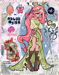 Size: 1627x2048 | Tagged: safe, artist:gochiitears, part of a set, fluttershy, human, g4, abstract background, bird cage, blue eyes, boots, clothes, collage, colored, cutie mark on clothes, detailed, dress, floral head wreath, flower, frown, gown, green dress, high heel boots, humanized, japanese, leather, leather boots, legs together, lidded eyes, light skin, logo, long dress, long hair, magical girl, mixed media, monster, my little pony logo, no catchlights, no pupils, pink hair, puella magi madoka magica, scissors, see-through sleeves, shiny hair, shoes, signature, slender, solo, soul gem, sparkles, sparkly hair, standing, stars, tallershy, teal eyes, text, thin, wavy hair, weapon, witch, witch seed, zoom layer
