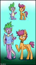 Size: 1810x3269 | Tagged: safe, artist:anibaruthecat, scootaloo, spike, dragon, pegasus, pony, g4, age progression, book, choker, clothes, colored, colored background, dragon wings, ear piercing, eyelashes, female, filly, foal, folded wings, looking at each other, looking at someone, male, older, older spike, open mouth, pegasus wings, piercing, ship:scootaspike, shipping, simple background, spiked choker, straight, sweater, talking, teenage scootaloo, teenage spike, teenager, wings