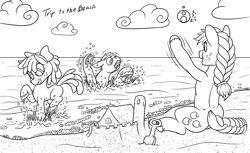 Size: 1200x733 | Tagged: safe, artist:sepiakeys, apple bloom, applejack, big macintosh, pony, beach, brother and sister, female, filly, foal, lineart, male, mare, monochrome, panic, playing, sandcastle, siblings, sisters, stallion