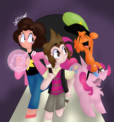 Size: 1336x1430 | Tagged: safe, artist:wetsocks33, pinkie pie, alien, earth pony, gem (race), human, hybrid, pony, g4, crossover, eyes closed, milo murphy, milo murphy's law, shield, spoilers for another series, steven quartz universe, steven universe, steven universe future, tumblr, wander (wander over yonder), wander over yonder