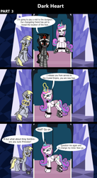 Size: 1920x3516 | Tagged: safe, artist:platinumdrop, derpy hooves, king sombra, princess flurry heart, alicorn, pegasus, pony, unicorn, comic:dark heart, g4, 3 panel comic, abuse, alternate timeline, armor, bound wings, chains, collar, comic, commission, confused, crystal, crystal castle, crystal empire, dark crystal, derpybuse, dialogue, evil flurry heart, female, folded wings, glowing, glowing horn, horn, husband and wife, indoors, looking at each other, looking at someone, magic, magic aura, male, mare, older, older derpy hooves, older flurry heart, raised hoof, sad, ship:flurrybra, shipping, slave, slave collar, smiling, smug, smug smile, speech bubble, spiked collar, spiked wristband, stallion, straight, this will not end well, throne, throne room, up to no good, victorious villain, walking, wall of tags, wing cuffs, wings, wristband