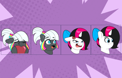 Size: 3600x2324 | Tagged: safe, artist:joaothejohn, oc, oc:heart sticht, oc:kaleidoscope swatch, earth pony, pegasus, unicorn, angry, blushing, commission, cute, emoji, emotes, expressions, glasses, heart, horn, laughing, lidded eyes, meme, multicolored hair, open mouth, pegasus oc, poggers, ribbon, smiling, solo, text, your character here