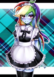 Size: 1534x2198 | Tagged: safe, artist:pulse, rainbow dash, human, equestria girls, g4, arm behind back, blushing, clothes, dress, embarrassed, eye clipping through hair, female, gritted teeth, looking at you, maid, plaid background, rainbow dash always dresses in style, rainbow maid, socks, solo, sweat, sweatdrop, teeth, thigh highs, tomboy, tomboy taming, zettai ryouiki