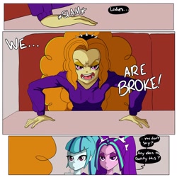 Size: 3000x3000 | Tagged: safe, artist:inuyuru, adagio dazzle, aria blaze, sonata dusk, human, comic:dazzlings' van, equestria girls, g4, angry, clothes, comic, dialogue, drinking straw, female, hoodie, onomatopoeia, sound effects, speech bubble, text, the dazzlings, trio, trio female