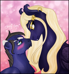 Size: 3543x3814 | Tagged: safe, artist:loopina, oc, oc only, oc:boreal wave, oc:shazinéa, bat pony, pegasus, saddle arabian, abstract background, blushing, boop, couple, cute, duo, duo male and female, female, gift art, height difference, high res, jewelry, love, male, mare, oc x oc, princess, romantic, shipping, stallion, stars, straight