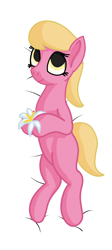 Size: 652x1459 | Tagged: safe, artist:frilanka, lily, lily valley, earth pony, pony, flower, holding, lying down, on back, solo