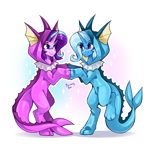 Size: 3000x2980 | Tagged: safe, artist:buvanybu, starlight glimmer, trixie, pony, unicorn, vaporeon, semi-anthro, g4, bipedal, clothes, cosplay, costume, duo, duo female, female, horn, kigurumi, looking at each other, looking at someone, mare, pokémon, rearing, shiny pokémon, smiling, smiling at each other, sparkles