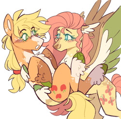 Size: 968x947 | Tagged: safe, artist:wanderingpegasus, applejack, fluttershy, pegasus, pony, g4, alternate design, blaze (coat marking), blushing, coat markings, colored ears, colored eyelashes, colored wings, duo, duo female, facial markings, female, hairband, holding, lesbian, looking at each other, looking at someone, mare, pale belly, ship:appleshy, shipping, simple background, smiling, unshorn fetlocks, white background, white pupils, wings