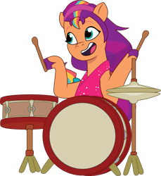 Size: 1441x1573 | Tagged: safe, artist:prixy05, sunny starscout, earth pony, pony, g5, my little pony: tell your tale, clothes, dress, drum kit, drums, drumsticks, female, mane stripe sunny, mare, musical instrument, simple background, solo, transparent background, vector