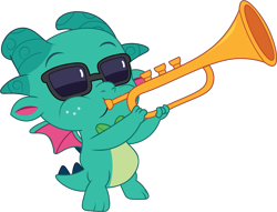 Size: 1207x920 | Tagged: safe, artist:prixy05, sparky sparkeroni, dragon, g5, my little pony: tell your tale, baby, baby dragon, bowtie, male, musical instrument, simple background, solo, sunglasses, transparent background, trumpet, vector