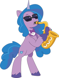 Size: 1457x1932 | Tagged: safe, artist:prixy05, izzy moonbow, pony, unicorn, g5, my little pony: tell your tale, bipedal, bowtie, female, horn, mare, musical instrument, saxophone, simple background, solo, sunglasses, transparent background, vector