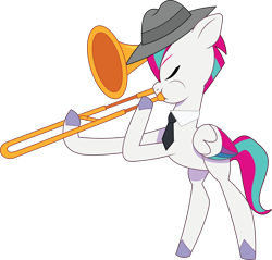 Size: 1676x1599 | Tagged: safe, artist:prixy05, zipp storm, pegasus, pony, g5, my little pony: tell your tale, bipedal, eyes closed, fedora, female, hat, mare, musical instrument, necktie, simple background, solo, transparent background, trombone, vector