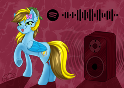 Size: 1748x1240 | Tagged: safe, artist:nuumia, oc, oc only, oc:lucky bolt, pegasus, :p, avril lavigne, backwards hat, bow, cute, ear fluff, feathered wings, female, folded wings, hair bow, hat, looking at you, looking back, mare, music, pegasus oc, punk, raised hoof, smug, solo, speaker, spotify, standing, tongue out, underhoof, wings