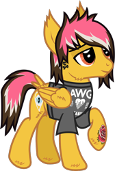 Size: 806x1199 | Tagged: safe, artist:lightningbolt, derpibooru exclusive, pegasus, pony, .svg available, alex gaskarth, all time low, butt fluff, cheek fluff, clothes, dyed mane, dyed tail, ear fluff, folded wings, hair over one eye, hoof fluff, lidded eyes, ponified, raised hoof, shirt, show accurate, simple background, smiling, solo, standing, svg, t-shirt, tail, tail feathers, tattoo, transparent background, vector, wing fluff, wings