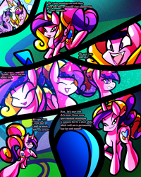 Size: 2400x3000 | Tagged: safe, artist:keytee-chan, princess cadance, princess celestia, twilight sparkle, alicorn, pony, unicorn, comic:great big fusion 4: mother of all, ^^, age regression, comic, eyes closed, female, glowing, glowing horn, grave, grin, horn, implied applejack, implied pear butter, lidded eyes, lipstick, lonely, magic, mare, open mouth, open smile, sad, smiling, sun, trio, twilight sparkle (alicorn), young cadance, younger