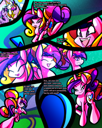 Size: 2400x3000 | Tagged: safe, artist:keytee-chan, princess cadance, princess celestia, twilight sparkle, alicorn, pony, unicorn, comic:great big fusion 4: mother of all, g4, ^^, age regression, comic, eyes closed, female, glowing, glowing horn, grave, grin, horn, implied applejack, implied pear butter, lidded eyes, lipstick, lonely, magic, mare, open mouth, open smile, sad, smiling, sun, trio, twilight sparkle (alicorn), young cadance, younger