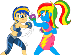 Size: 1262x979 | Tagged: safe, artist:shieldwingarmorofgod, oc, oc only, oc:flare spark, oc:royal strength, human, equestria girls, g4, boxing, boxing gloves, duo, duo female, female, simple background, sports, transparent background
