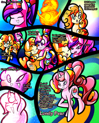 Size: 2400x3000 | Tagged: safe, artist:keytee-chan, pear butter, princess cadance, oc, oc:lovely pear, alicorn, earth pony, pony, comic:great big fusion 4: mother of all, ^^, age regression, amazed, brought to life, comic, drink, drinking, duo, eyes closed, female, fusion, fusion:pear butter, fusion:princess cadance, glowing, glowing horn, grin, horn, hug, implied apple bloom, implied applejack, implied big macintosh, implied empress eternal party, implied hopeful bourbon, looking at each other, looking at someone, mare, open mouth, open smile, potion, smiling, smiling at each other, summoning, surprised, transformation, young cadance, younger