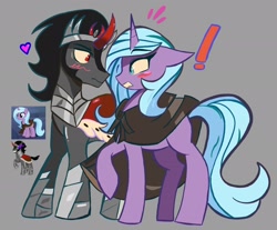 Size: 2048x1698 | Tagged: safe, artist:billtism, gameloft, idw, king sombra, radiant hope, pony, unicorn, g4, my little pony: magic princess, armor, blushing, cape, clothes, duo, duo male and female, exclamation point, female, gray background, heart, horn, idw showified, looking at each other, looking at someone, male, ship:hopebra, shipping, simple background, straight