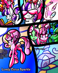Size: 2400x3000 | Tagged: safe, artist:keytee-chan, pear butter, princess cadance, twilight velvet, oc, oc:lovely citrus sparkle, oc:lovely pear, unnamed oc, earth pony, pony, unicorn, comic:great big fusion 4: mother of all, anime sweat drop, book, comic, covering, covering eyes, embarrassed, female, fusion, fusion:pear butter, fusion:princess cadance, fusion:twilight velvet, grin, guess who, hoof over mouth, horn, implied rarity, library, mare, rarity's house, reading, shhh, smiling, sweat, sweatdrop, transformation