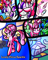 Size: 2400x3000 | Tagged: safe, artist:keytee-chan, pear butter, princess cadance, twilight velvet, oc, oc:lovely citrus sparkle, oc:lovely pear, unnamed oc, earth pony, pony, unicorn, comic:great big fusion 4: mother of all, g4, anime sweat drop, book, comic, covering, covering eyes, embarrassed, female, fusion, fusion:pear butter, fusion:princess cadance, fusion:twilight velvet, grin, guess who, hoof over mouth, horn, implied rarity, library, mare, rarity's house, reading, shhh, smiling, sweat, sweatdrop, transformation