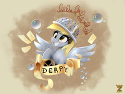 Size: 2400x1800 | Tagged: safe, artist:darksly, derpy hooves, pegasus, pony, banner, bubble, colander, commission, cute, derpabetes, female, grin, letter, mare, smiling, solo, spread wings, tattoo, wings