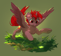 Size: 2400x2193 | Tagged: safe, artist:graypillow, oc, oc only, oc:hardy, alicorn, pony, behaving like a cat, chest fluff, dynamic pose, full body, grass, heart ears, high res, light, light spot, male, pounce, solo, spread wings, stallion, wings