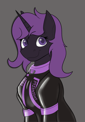 Size: 1130x1636 | Tagged: safe, anonymous artist, oc, oc only, pony, unicorn, collar, female, fireheart76's latex suit design, horn, latex, latex suit, mare, prisoners of the moon, rubber, rubber suit, solo, style emulation