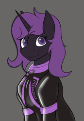 Size: 1130x1636 | Tagged: safe, anonymous artist, oc, oc only, pony, unicorn, anon's prisoners of the moon, collar, female, fireheart76's latex suit design, gray background, horn, latex, latex suit, mare, rubber, rubber suit, simple background, solo, style emulation