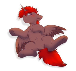 Size: 3375x3169 | Tagged: safe, artist:mariashek, oc, oc only, oc:hardy, alicorn, pony, belly, belly fluff, blushing, chest fluff, featureless crotch, full body, high res, looking at you, lying down, male, on back, simple background, solo, spread legs, spread wings, spreading, stallion, underhoof, white background, wings