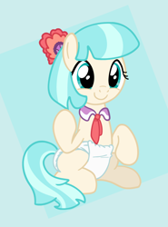 Size: 800x1080 | Tagged: artist needed, safe, edit, edited screencap, screencap, coco pommel, earth pony, pony, g4, abdl, accessory, base used, blue background, blue eyes, blue mane, collar, diaper, diaper fetish, eyes open, female, fetish, flower, flower in hair, happy, implied tail hole, mare, missing cutie mark, non-baby in diaper, raised hoof, show accurate, simple background, sitting, smiling, solo