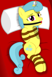 Size: 2900x4300 | Tagged: safe, artist:cardshark777, lemon hearts, pony, unicorn, g4, ballgag, bed, bed sheets, bondage, bound and gagged, female, femsub, gag, heart, helpless, hooves behind back, horn, horn ring, lidded eyes, looking at you, lying down, magic suppression, mare, pillow, ring, rope, rope bondage, smiling, solo, submissive, tied up