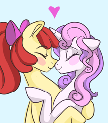 Size: 1794x2048 | Tagged: source needed, safe, artist:smirk, apple bloom, sweetie belle, earth pony, unicorn, adorabloom, cute, diasweetes, duo, duo female, female, horn, hug, lesbian, mare, nose to nose, older, older apple bloom, older sweetie belle, ship:sweetiebloom, shipping, simple background