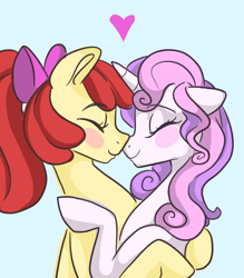 Size: 1794x2048 | Tagged: source needed, safe, artist:smirk, apple bloom, sweetie belle, earth pony, unicorn, g4, adorabloom, cute, diasweetes, duo, duo female, female, horn, hug, lesbian, mare, nose to nose, older, older apple bloom, older sweetie belle, ship:sweetiebloom, shipping, simple background