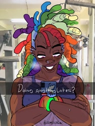 Size: 3024x4032 | Tagged: safe, artist:ccnyicalz, rainbow dash, human, g4, bracelet, cellphone, clothes, dreadlocks, gym, humanized, jewelry, lotion, muscles, nose piercing, nose ring, phone, piercing, race swap, tank top, text