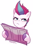 Size: 1083x1510 | Tagged: safe, artist:maren, zipp storm, pegasus, pony, g5, colored eyebrows, colored hooves, colored pinnae, eyebrows, eyelashes, female, frown, half body, hoof hold, looking up, mare, newspaper, signature, simple background, solo, unamused, unshorn fetlocks, white background, zipp storm is not amused