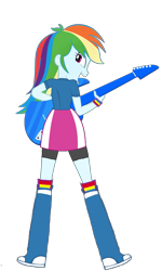Size: 985x1639 | Tagged: safe, artist:qbert2kcat, rainbow dash, human, equestria girls, g4, boots, clothes, female, guitar, high heel boots, jacket, musical instrument, shirt, shoes, simple background, skirt, socks, solo, transparent background, vest