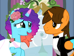 Size: 1024x768 | Tagged: safe, artist:bluemario11, misty brightdawn, oc, oc:ej, alicorn, unicorn, g4, g5, bride, clothes, dress, duo, duo male and female, female, g5 to g4, generation leap, groom, horn, male, marriage, rebirth misty, shipping, wedding, wedding dress, wedding suit