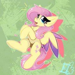 Size: 2000x2000 | Tagged: safe, artist:jubyskylines, fluttershy, pegasus, pony, g4, blush scribble, blushing, colored wings, colored wingtips, emanata, female, floating heart, fluffy, green background, heart, hooves together, looking at you, mare, multicolored wings, open mouth, open smile, outline, signature, simple background, smiling, smiling at you, solo, sparkly hair, sparkly wings, underhoof, wings