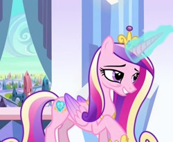 Size: 1320x1080 | Tagged: safe, screencap, princess cadance, alicorn, pony, g4, the crystal empire, bags under eyes, concave belly, cropped, crown, crystal castle, crystal empire, exhausted, eyebrows, female, folded wings, glowing, glowing horn, horn, jewelry, long mane, mare, open mouth, peytral, regalia, slender, solo, standing, thin, tired, wings