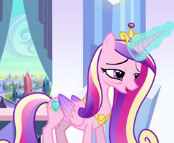 Size: 1310x1080 | Tagged: safe, screencap, princess cadance, alicorn, pony, g4, the crystal empire, bags under eyes, concave belly, cropped, crown, crystal castle, crystal empire, exhausted, eyebrows, female, folded wings, glowing, glowing horn, horn, jewelry, long mane, mare, open mouth, peytral, regalia, slender, solo, standing, thin, tired, wings