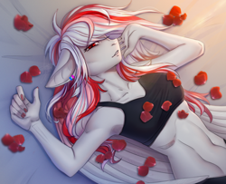 Size: 2818x2292 | Tagged: safe, alternate version, artist:lynex_483, part of a set, oc, oc only, oc:skyshard melody, pegasus, anthro, bed, black bra, black panties, black underwear, bra, clothes, commission, ear piercing, earring, female, jewelry, lying down, mare, on back, panties, piercing, red eyes, red hair, relaxing, rose petals, simple background, smiling, solo, sports bra, underwear, white fur, white hair, wings, ych result