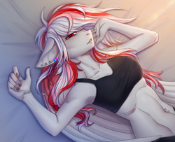 Size: 2818x2292 | Tagged: safe, alternate version, artist:lynex_483, part of a set, oc, oc only, oc:skyshard melody, pegasus, anthro, bed, belly button, belly piercing, black bra, black panties, black underwear, bra, breasts, clothes, commission, ear piercing, earring, female, jewelry, lying down, mare, on back, panties, piercing, reasonably sized breasts, red eyes, red hair, relaxing, simple background, smiling, solo, sports bra, underwear, white fur, white hair, wings, ych result