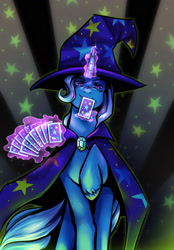 Size: 1120x1605 | Tagged: safe, artist:spenaatti, trixie, pony, unicorn, g4, abstract background, brooch, cape, card, clothes, female, hat, horn, jewelry, looking at you, magic, magic aura, mare, raised hoof, smiling, smiling at you, solo, stars, telekinesis, trixie's brooch, trixie's cape, trixie's hat, unshorn fetlocks