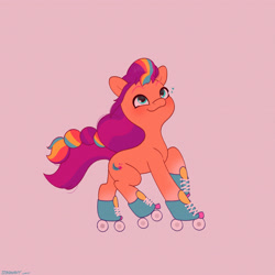 Size: 2480x2480 | Tagged: safe, artist:starburstuwu, sunny starscout, earth pony, pony, g5, blushing, cute, female, high res, looking up, mane stripe sunny, mare, pink background, roller skates, simple background, skates, smiling, solo, sunnybetes, tail, windswept mane, windswept tail