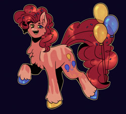Size: 1869x1680 | Tagged: safe, artist:spenaatti, pinkie pie, earth pony, pony, g4, balloon, black background, colored hooves, female, heterochromia, hooves, mare, multicolored hooves, open mouth, open smile, outline, simple background, smiling, solo, sprinkles in hair, strut