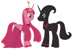 Size: 2800x1928 | Tagged: safe, artist:nathaniel718, alicorn, pony, adventure time, business suit, cartoon network, clothes, couple, crown, dress, female, husband and wife, jewelry, male, mare, nergal, nergal and princess bubblegum, pink mane, princess bubblegum, regalia, simple background, stallion, the grim adventures of billy and mandy, white background
