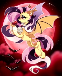 Size: 1665x2048 | Tagged: safe, artist:rotten_hyena, fluttershy, bat, bat pony, pony, g4, apple, bat ponified, blood moon, coat markings, ear piercing, earring, fangs, female, flutterbat, flying, food, jewelry, mare, moon, piercing, race swap, solo